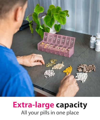 Extra Large Pill Organizer - XXL Vitamin Holder for Weekly Supplements - Double Sided Pill Box 7 Day with Big AM PM Compartments Huge Daily Medicine Dispenser 2 Times a Day Reliable and Easy-to-Use