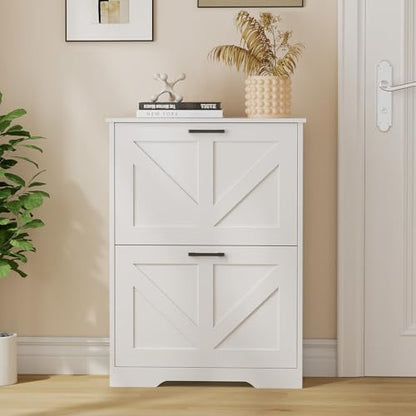 Farmhouse Shoe Cabinet for Entryway, 2 Barn-Style Flip Drawers | Narrow Shoe Storage Organizer, Top Display Shelf, Adjustable Shelves, Shoe Rack, for Hallway Closet, 24" Wide, White