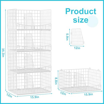 4-Tier Closet Organizers and Storage Basket with Divider, Foldable Closet Shelf Organizer System, Space-Saving Clothes Storage Drawer Organizer Bins for Wardrobe Cupboard, White