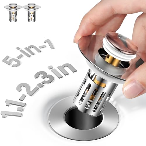 5-in-1 Bathroom Sink Stopper, 2 Pc Pop-Up Sink Drain Strainer with Removable Basket, Anti-Clog Strainer, Odor Blocking & One-Way Flow Design, Brass & Stainless Steel All Metal Made, Fit 1.1"–2.36"