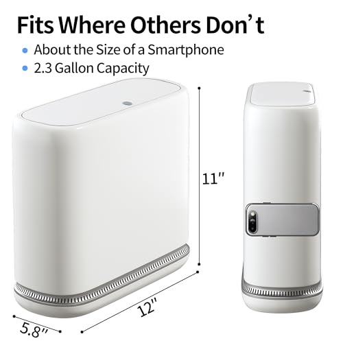 Small Bathroom Trash Can with Lid, 2.3 Gallon Slim Trash Can, Narrow Garbage Can with Hidden Liner & Auto-Smooth Bag Fit, Press-to-Open Lid, White, for Bathroom, Bedroom, Office, Kitchen