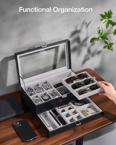 ProCase Mens Jewelry Box, 6 Slot Watch Box & 3 Slot Sunglass Holder -Black | 2-layer Lockable Sunglasses Jewelry Organizer Storage for Men, Watch Display Case with Drawer, Clear Lid, Father Gift