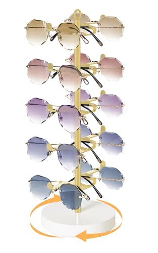 Mkono 360° Rotating Sunglass Organizer, Metal Glasses Holder Display Stand | Space-Saving, Holds 10 Eyewear Pairs, Stable Wood Base, Easy to Assemble, Dresser Desk Table Countertop Bedroom Gift Ideal