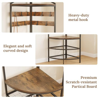 GiftGo Corner Hall Tree with Shoe Bench Entryway Coat Rack with 10 Metal Movable Hooks Floor Standing Clothes Rack Shoes Shelf Organizer for Home Office Bedroom (Rustic Brown)