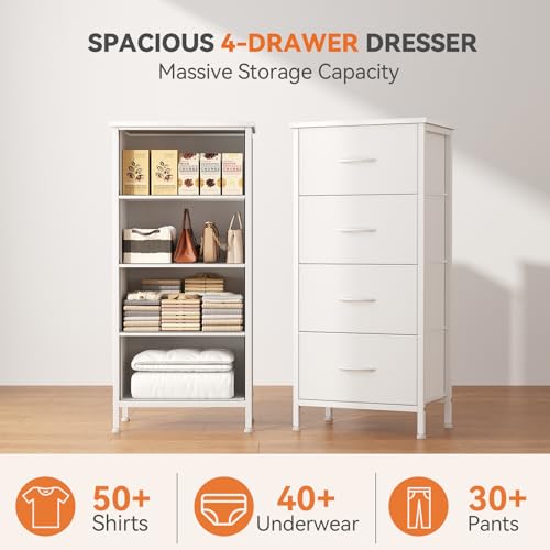 Sweetcrispy Dresser for Bedroom, 4 Drawer Storage Cabinet, Tall Nightstand | Small Fabric White Dresser for Closet, Chest of Drawers, Closet Organizer, Home Furniture, Sturdy Frame