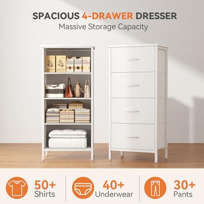 Sweetcrispy Dresser for Bedroom, 4 Drawer Storage Cabinet, Tall Nightstand | Small Fabric White Dresser for Closet, Chest of Drawers, Closet Organizer, Home Furniture, Sturdy Frame