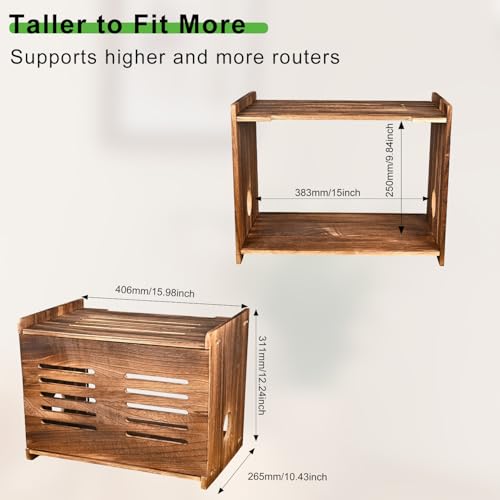 Upgraded Wood Router Box Hider Shelf, Retro Vintage Wifi Router Storage Modem Power Strip, 16 Inch Fits Most Routers, Easy Install Cable Management Home Office Organizer