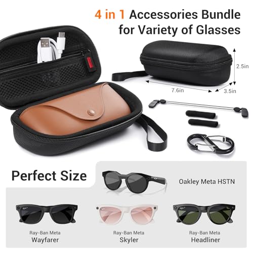 CoBak Carrying Case for Ray-Ban Meta & Oakley Smart Glasses, with 4 in 1 Accessories Kit - Case, Carabiner, Strap and Ear Cushion, Fits Wayfarer, Skyler and Most Sunglasses Portable Protective Storage