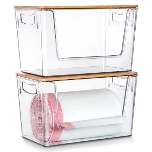 2 Pack Trash Bag Holder Dispenser, Extra Large Garbage Bags Holder, Stackable Trash Bag Holder with Bamboo Top for Laundry Room & Under Sink