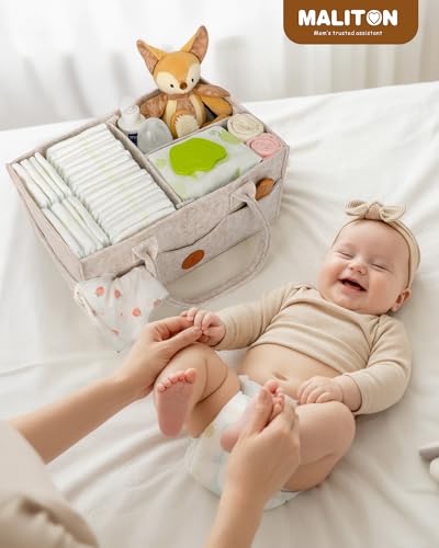Maliton Felt Diaper Caddy Organizer for Changing Table - Large, Khaki | 15x9x7" Portable Nursery Storage Bin and Car Organizer for Diapers, Wipes. Boy & Girl Shower Gift Basket, Baby Essentials
