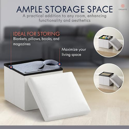 Ornavo Home Small Square Storage Ottoman, Foldable Linen, 12x12x12, White | Collapsible Cube Design; Foot Rest Stool Seat; Ideal for Living Room, Bedroom, Home Office or Dorm