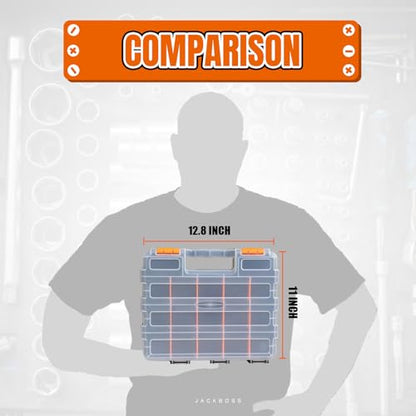 Jack Boss Tool Box with Transparent Lid, Double Side 34-Compartments Organizer Box with Removable Dividers for Hardware, Screws, Bolts, Nails, Beads, Jewelry and Fishing Accessories, Orange, 2 Pack