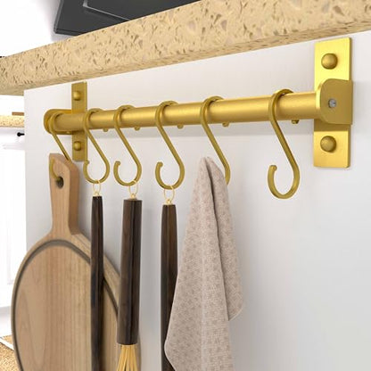 Kitchen Utensil Holder Hanger, Pot and Pan Rack Wall Mounted, Kitchen Rail with 8 Hooks for Hanging Cooking Utensils, Mugs, Spoons, Wall Mounted, Gold