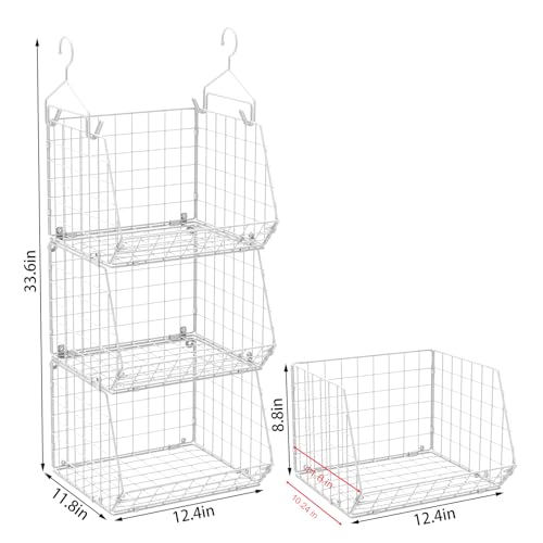 X-cosrack 3 Tier Foldable Closet Organizer, Clothes Shelves with 5 S Hooks, Wall Mount&Cabinet Wire Storage Basket Bins, for Clothing Sweaters Shoes Handbags Clutches Accessories-White Patent Design