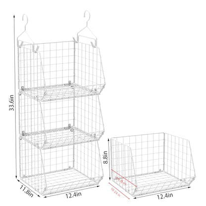 X-cosrack 3 Tier Foldable Closet Organizer, Clothes Shelves with 5 S Hooks, Wall Mount&Cabinet Wire Storage Basket Bins, for Clothing Sweaters Shoes Handbags Clutches Accessories-White Patent Design