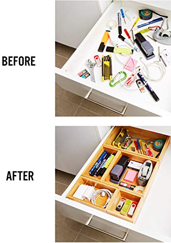 Bamboo Drawer Organizer and Storage Set, Multi-use Set of 5 Storage Trays, Wood Boxes of various sizes for Office Desk or homework, Kitchen, Bathroom Jewelry, Cosmetic Make up, Baby Bedroom, Junk.