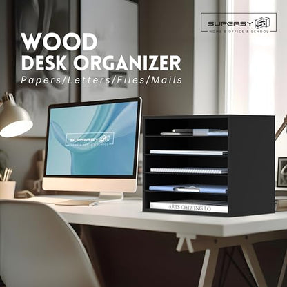 5 Tier Wood Desk Organizer, Mail Sorter and Paper Organizer for Desk, Black | Wooden Desktop Organizer for Sorting Papers, Letters and Mails, Literature Organizer for Home Office, Classroom Organization