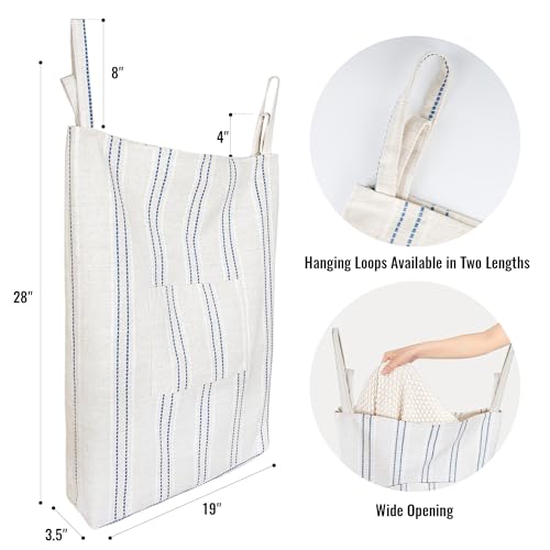 Farmhouse Hanging Laundry Hamper with 2 Hooks, Boho Beige & Blue Stripes Laundry Bag with Zipper & Wide Open Top, Over the Door Organizer for Dirty Clothes, Washable Space Saving Storage