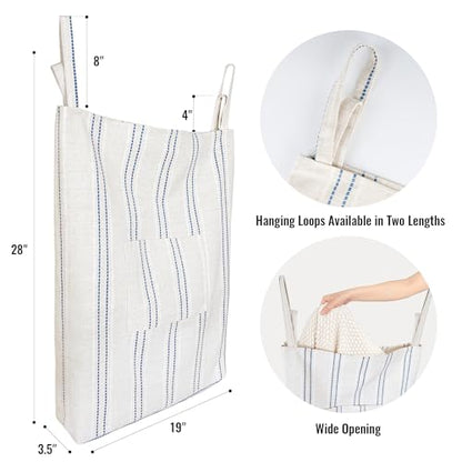 Farmhouse Hanging Laundry Hamper with 2 Hooks, Boho Beige & Blue Stripes Laundry Bag with Zipper & Wide Open Top, Over the Door Organizer for Dirty Clothes, Washable Space Saving Storage