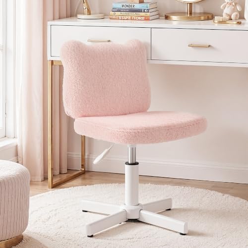 LUE BONA Cute Bear Ear Vanity Chair for Teen Girls - Height Adjustable 13.8"-18.9" Swivel Stool with Back Support, Teddy Velvet Makeup Ottoman, 300lbs, Light Pink