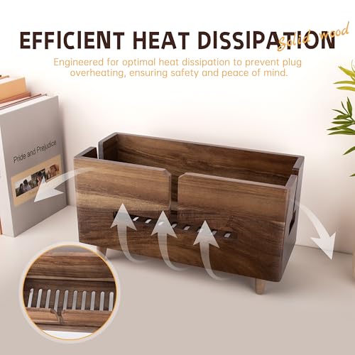 Brown Wood Large Cable Management Box for Power Strip and Cord Hideaway | Large solid wood cable box fits 13" power strips, detachable legs, air vents, child-safe lid, tool-free, hides 6-8 cords.