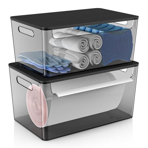 COAZEX 2 Pack Stackable Plastic Trash Bag Holder with Black Lids Under Sink | Black Container, Stackable Design,Side Handles, Safety Locks,Garbage Bag Roll Holder, Kitchen Cabinet, Laundry Organization