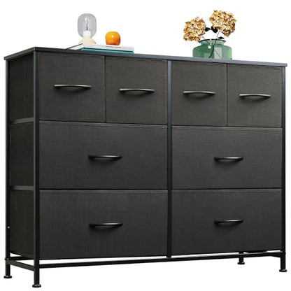 WLIVE Wide Dresser for Bedroom, 8 Drawer Chest of Drawers, Black | 8 roomy fabric drawers, Wide storage design, Bedroom or closet use, Sturdy steel frame, Smooth wood tabletop