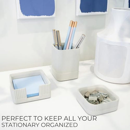 Aesthetic Desk Organizer Set of 3 For Your Office - Sturdy Concrete Desktop Accessories For Women or Men Enhance Any Office Decor - Set incl. Pen Holder, Paperclip Storage and Sticky Note Holder