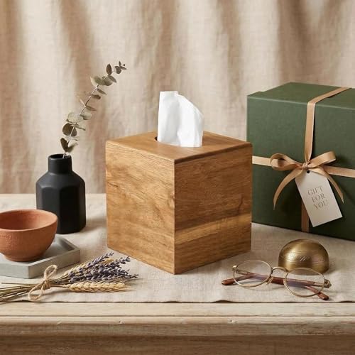 Tissue Box Cover Square, Acacia Wood Tissue Box Holder with Slide-Out Bottom, Wooden Tissue Box Cover Cube for Bathroom, Bedroom, Dinner Table, 5.5 x 5.5 x 6.1 inches