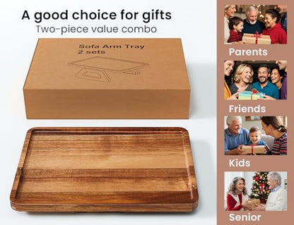 2 Packs Acacia Wood Couch Arm Tray，Folding Sofa Armrest Table | Clip-On Couch Desk,Foldable, Non-slip,No Assembly，for Drinks Snacks Phone，Remote Control