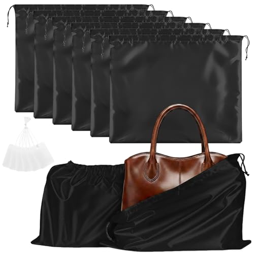 Q&J Fabric Co. 6 Pack Satin Dust Bags for Handbags & Purses - Drawstring Storage Bags for Shoes, Boots, Wallets, Travel Organizer Pouches, Soft Polyester Protector Covers (15.7"x19.7", Black)