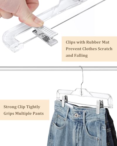 Pants-Hangers-with-Clips-30-Pack, 14 Inch Clear-Plastic-Skirts-Hangers-with-Adjustable-Clips for Shorts Jeans Trousers, Clothes-Hangers Non-Slip Clip-Hangers