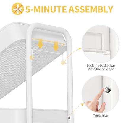TOOLF 4 Tier Metal Rolling Cart, Utility Storage Cart with Wheels, White | Screwless Assembly, Lockable Metal Wheels, Trolley Organizer for Bathroom, Kitchen, Office, Dorm, Laundry, Craft Room