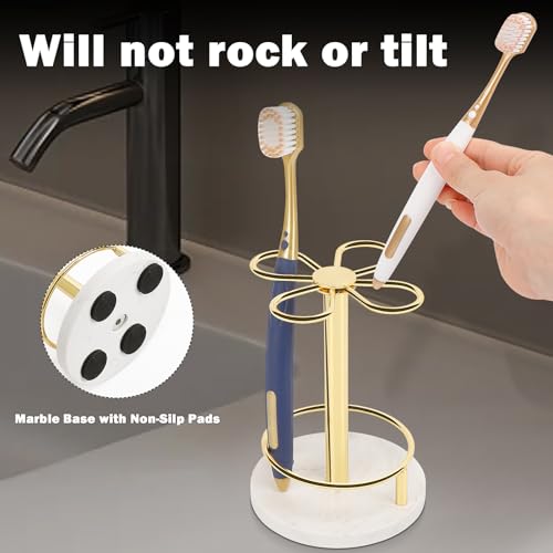Toothbrush Holder Stand for Bathroom, Metal Toothbrush Organizer with Marble Base, Toothbrush Storage Collection for Family, Suitable for Home Hotel Countertop Vanity (Small, Gold)