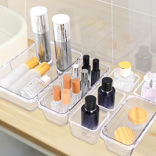 14 Pcs Clear Drawer Organizer, Adjustable Drawer Storage Box, 3-Size Desk Drawer Organizer, Acrylic Storage Bins for Makeup, Cosmetic, Kitchen Utensils, Bedroom Dressers Tool Organizer for Gadgets