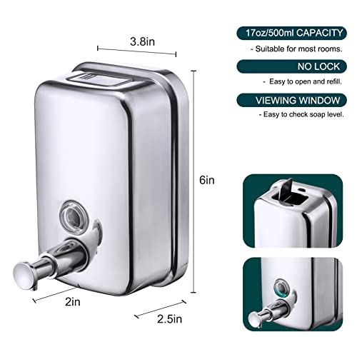 Commercial Soap Dispenser Wall Mount Stainless Steel, 17 fl.oz. | 500ml Manual Liquid Pump Rust-Proof Leak Free for Bathroom