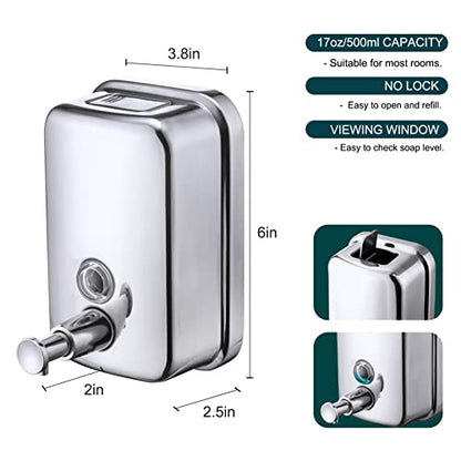 Commercial Soap Dispenser Wall Mount Stainless Steel, 17 fl.oz. | 500ml Manual Liquid Pump Rust-Proof Leak Free for Bathroom
