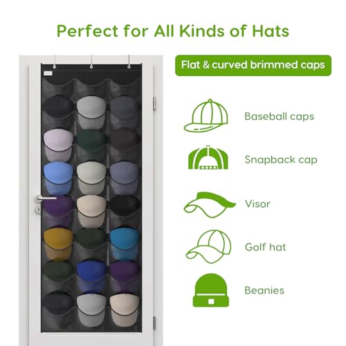Baseball Hat Rack, 24 Pocket Over-The-Door Hat Organizer with Clear Deep Pockets to Display Baseball Caps Collection, Complete with 3 Over Door Hooks (Black, 24 Pockets)