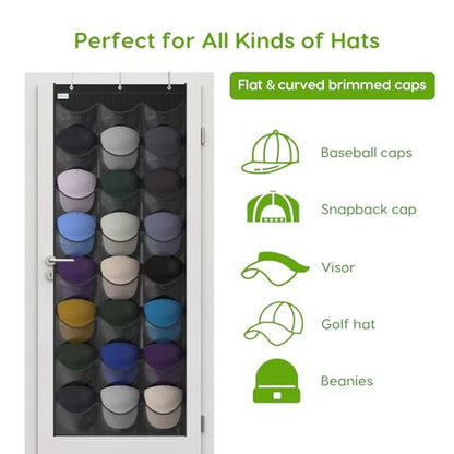 Baseball Hat Rack, 24 Pocket Over-The-Door Hat Organizer with Clear Deep Pockets to Display Baseball Caps Collection, Complete with 3 Over Door Hooks (Black, 24 Pockets)