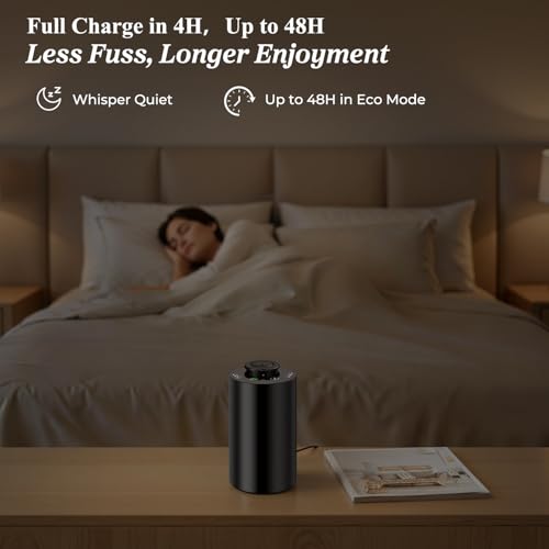 URPOWER Waterless Essential Oil Diffuser Cordless Mini Scent Diffuser 20mL | Includes 2 x 20mL Hotel-Inspired Essential Oils, Rechargeable Aluminum Waterless Diffuser for Car, Home & Office, Black