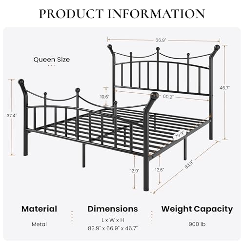 SHA CERLIN 14 Inch Queen Size Metal Bed Frame, Victorian Crown Style Platform Bed Frame with Headboard and Footboard, 12.6" Under-Bed Storage, No Box Spring Needed, Noise Free, Easy Assembly, Black