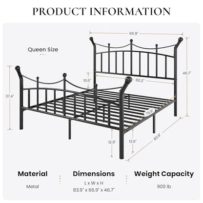 SHA CERLIN 14 Inch Queen Size Metal Bed Frame, Victorian Crown Style Platform Bed Frame with Headboard and Footboard, 12.6" Under-Bed Storage, No Box Spring Needed, Noise Free, Easy Assembly, Black