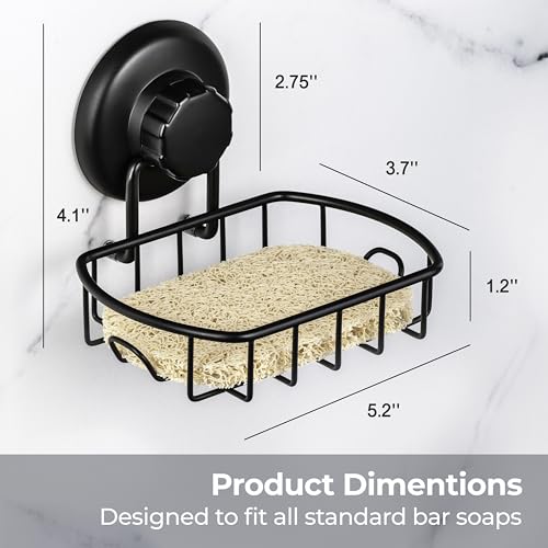 HASKO 2 Pack Suction Cup Soap Dish for Shower Wall, Rustproof Stainless Steel, Shower Soap Holder with Hooks, Includes Optional No Drill Adhesive Mount for Bathroom, 2 Soap Savers, Black