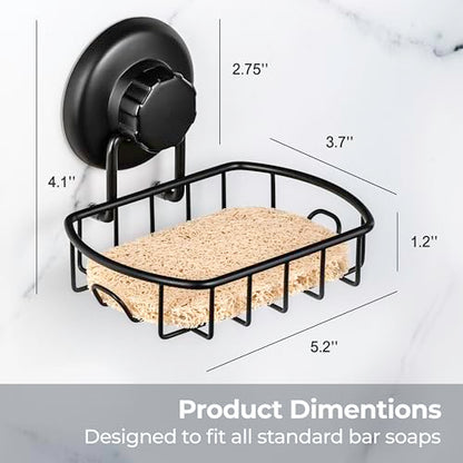 HASKO 2 Pack Suction Cup Soap Dish for Shower Wall, Rustproof Stainless Steel, Shower Soap Holder with Hooks, Includes Optional No Drill Adhesive Mount for Bathroom, 2 Soap Savers, Black