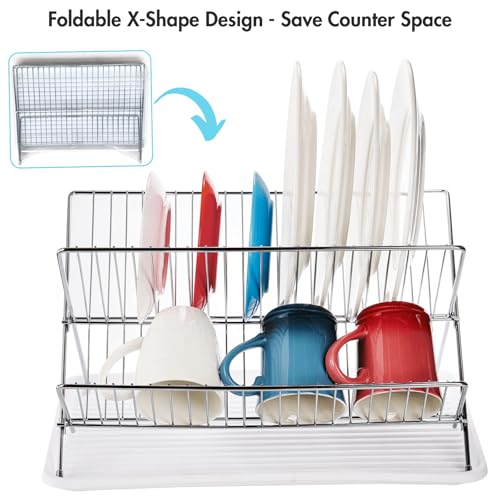 Foldable Dish Drying Rack with Drip Tray, Stainless Steel 2 Tier Dish Drainer Rack, Collapsible Dish Drainer, Folding Dish Rack for Kitchen Sink, Countertop, Cutlery, Plates, Dishes