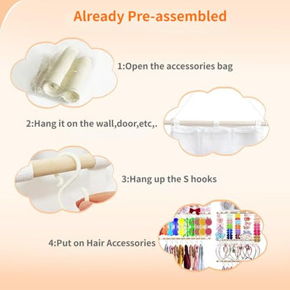 Headband Holder Hair Bows Organizer for Girls, Large Capacity Bow Holder, Pre-Assembled Hair Accessories Wall Hanging Organizer for Toddler Baby Girl Nursery Room Décor