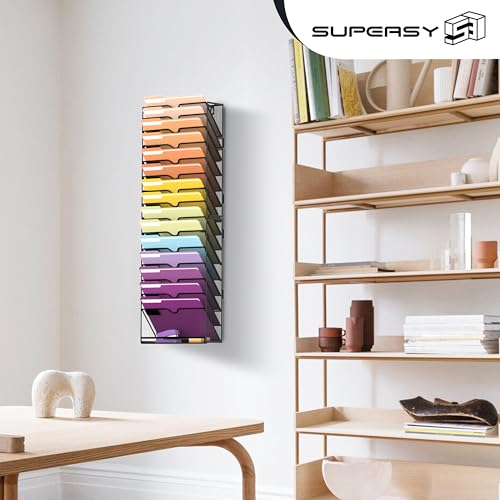16-Tier Hanging Wall File Holder Organizer for Papers, Folders, Files Clipboard & Magazine Organization Great for Office Home, Assembly Needed, Black | Paper, Folder, Magazine Rack Great for Office Home School, Assembly Needed, Black