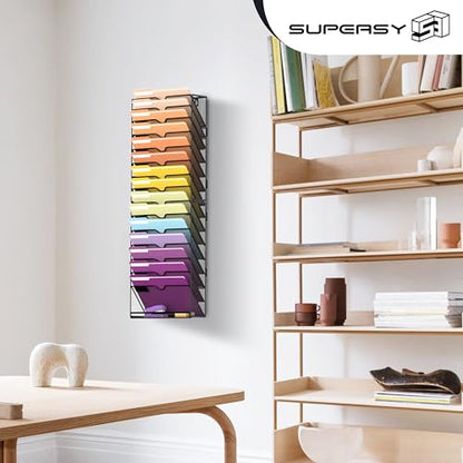 16-Tier Hanging Wall File Holder Organizer for Papers, Folders, Files Clipboard & Magazine Organization Great for Office Home, Assembly Needed, Black | Paper, Folder, Magazine Rack Great for Office Home School, Assembly Needed, Black
