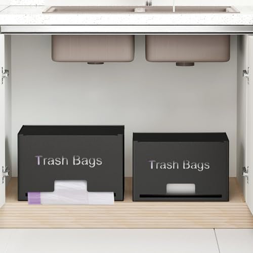 STWWO 2-Pack Trash Bag Holder Dispenser, Stackable Garbage Bag Dispenser, Extra Large Trash Organizer for Kitchen Laundry Under Sink, Wall Mounted or Freestanding, Metal Black