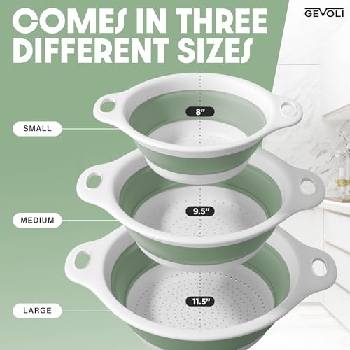 Collapsible Colanders (3 Pack Set) Food Strainers with Over-Sink Water Draining Base for Pasta Fruits and Vegetables, White/Sage (3 Sizes, 3QT, 4QT and 5 Quart)